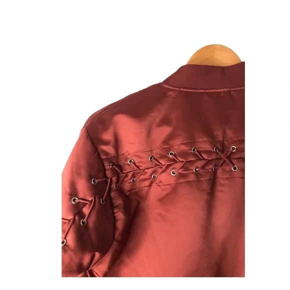 Forever 21 | Maroon satin bomber jacket lace up sleeves and back statement coat - Picture 2 of 11